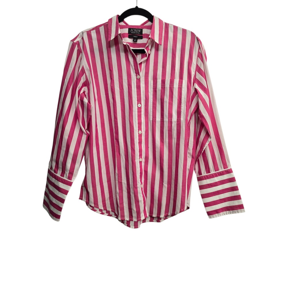 J Crew Pink Striped Button Down Size 8 Coastal Preppy Barbiecore Chic Resort